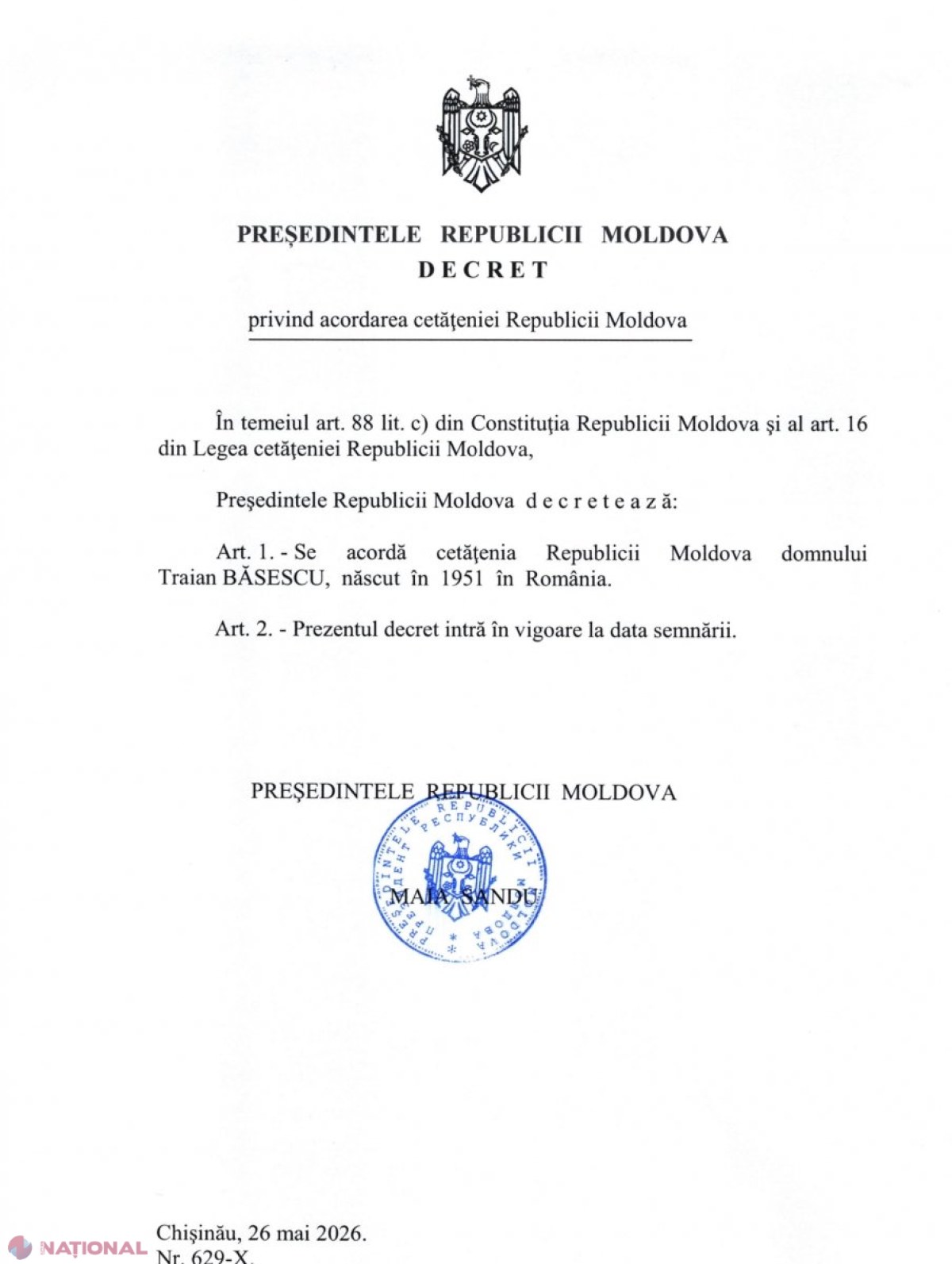 DOC // Traian Băsescu a redobândit cetățenia R. Moldova. Maia Sandu: „De azi sunteți nu doar fratele nostru, ci și concetățeanul nostru”