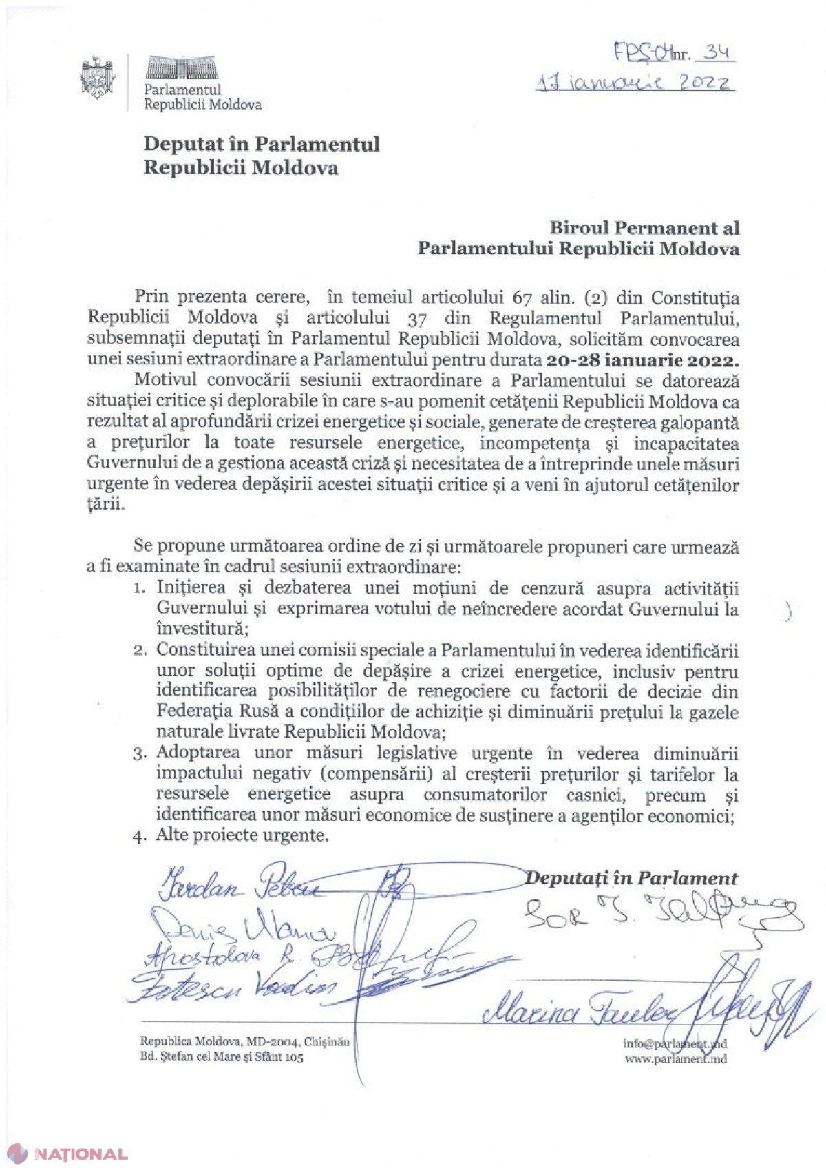 DOC // Partidul „ȘOR” solicită SUPORTUL Blocului Comuniștilor și Socialiștilor pentru convocarea de URGENȚĂ a unei sesiuni extraordinare a Parlamentului. Formațiunea lui Șor insistă pe DEMITEREA Guvernului Gavrilița