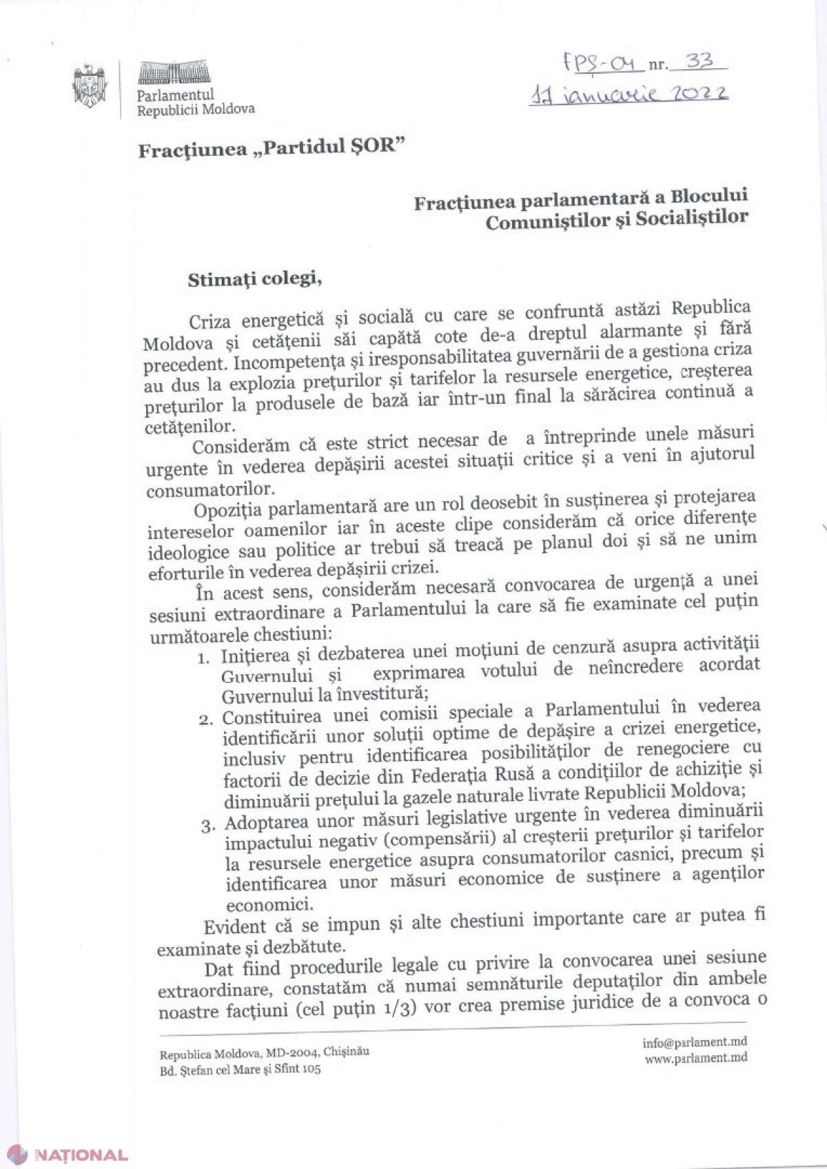 DOC // Partidul „ȘOR” solicită SUPORTUL Blocului Comuniștilor și Socialiștilor pentru convocarea de URGENȚĂ a unei sesiuni extraordinare a Parlamentului. Formațiunea lui Șor insistă pe DEMITEREA Guvernului Gavrilița