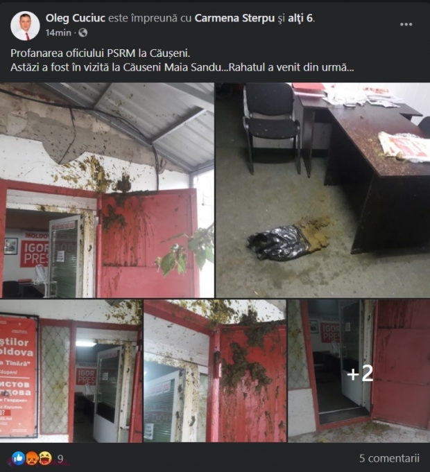 FOTO // Un „KULIOK” negru plin cu excremente a fost aruncat în interiorul oficiului PSRM din Căușeni. Un fost deputat socialist a încercat să dea vina pe Maia Sandu, însă și-a șters postarea de pe Facebook