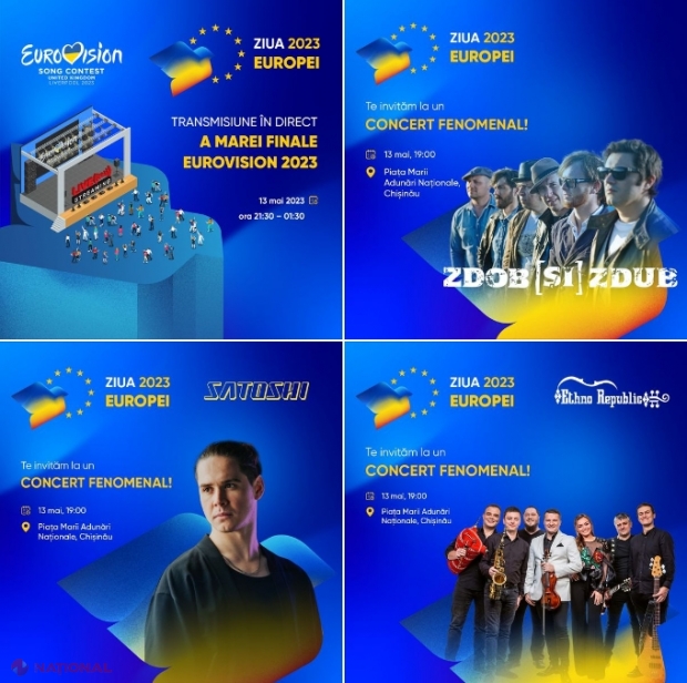 Ziua Europei // Finala concursului „Eurovision 2023”, proiectată pe un ecran imens în centrul Chișinăului pe 13 mai: Înainte de evoluția lui Pasha Parfeni la Liverpool, vizitatorii îi vor admira în PMAN pe Zdob și Zdub, Ethno Republic sau Satoshi