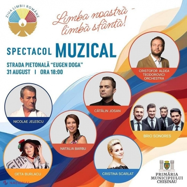 PROGRAM // Cristofor Aldea Teodorovici Orchestra, Natalia Barbu sau Brio Sonores, concert de Ziua Limbii Române, pe strada pietonală „Eugen Doga”