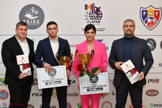 FOTO // Anastasia Nichita și Denis Vieru, SPORTIVII ANULUI 2022. Cei doi laureați au primit câte 50 000 din partea A.S.I.C.S. La GALA anuală a APSM a fost lansat și un album inedit de 400 de pagini cu cei mai remarcabili sportivi din R. Moldova