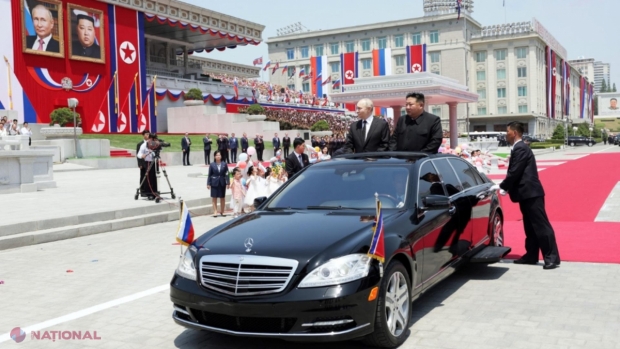 VIDEO // Scenă caraghioasă cu Putin şi Kim Jong Un pe trapa limuzinei Mercedes. Cu ce CADOURI s-a dus liderul rus în Coreea de Nord