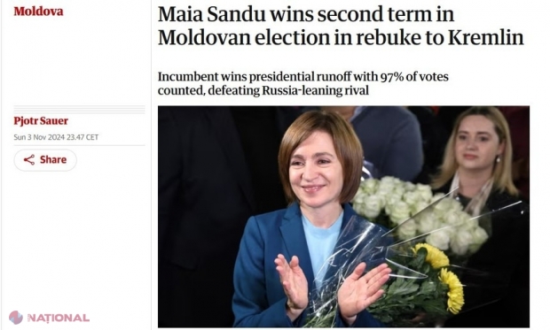 The Guardian: Maia Sandu câştigă al doilea mandat de preşedinte, într-o palmă dată Kremlinului. Ucraina răsuflă uşurată