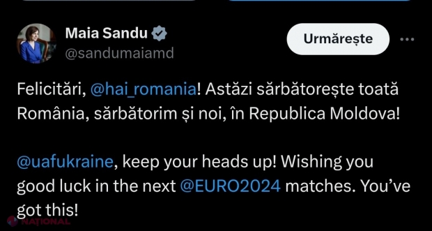 Maia Sandu, după victoria naționalei de fotbal a României împotriva Ucrainei: ,,Astăzi sărbătorește toată România, sărbătorim și noi, în R. Moldova