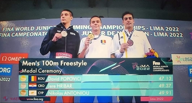 VIDEO // O nouă medalie de AUR pentru David Popovici. Înotătorul momentului în lume a dominat finala de 100 m liber la Campionatul Mondial de pentru juniori de la Lima