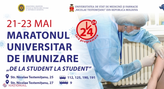 COVID-19 // Primul MARATON de vaccinare în R. Moldova: Procesul se va desfășura în incinta USMF „Nicolae Testemițanu” în regim NON-STOP, fără programare, în baza buletinului de identitate. Vor fi disponibile vaccinurile „Sinopharm” și „AstraZeneca”